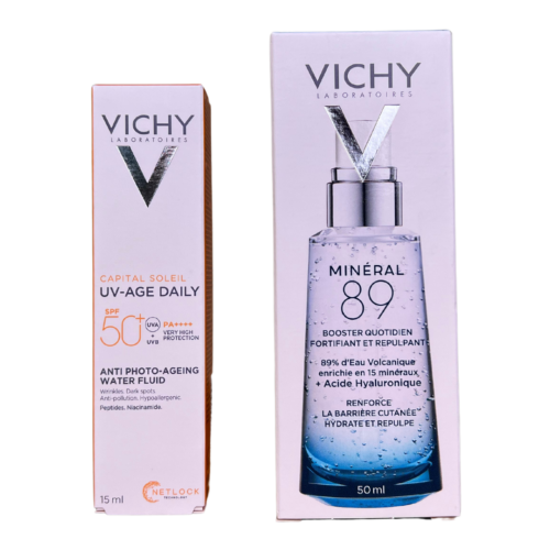 Vichy Mineral 89 Hyaluronic Acid Hydrating Serum for All Skin Types – 50ml +  Vichy Capital Soleil UV-AGE Spf 50/ 15 ml