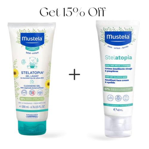 Buy Mustela Stelatopia Cleansing Gel – 200ml + Mustela Selatopia Face Emolient Cream – 40ml Get 15% Off