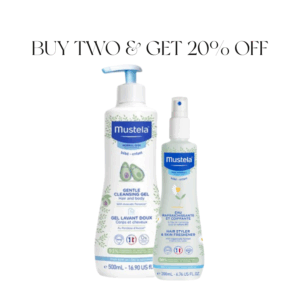 20% Off Mustela Gentle Cleansing Gel Hair & Body – 500 ml + Mustela Hair Styler & Skin Freshner – 200ml