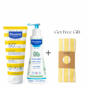 Buy Mustela Very High Protection Sun Lotion SPF 50+ – 100ml + Mustela Hydra Bebe Body Lotion – 300ml Get Free Mustela Beach Towel