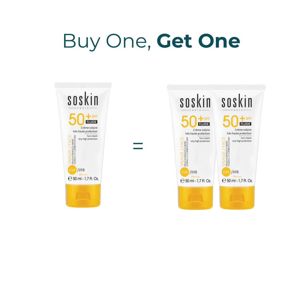 Buy Soskin Sun Cream Very High Protection Fluid Texture SPF50  – 50ml Get 1 For Free