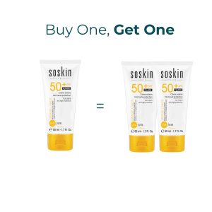 Buy Soskin Sun Cream Very High Protection Fluid Texture SPF50  – 50ml Get 1 For Free